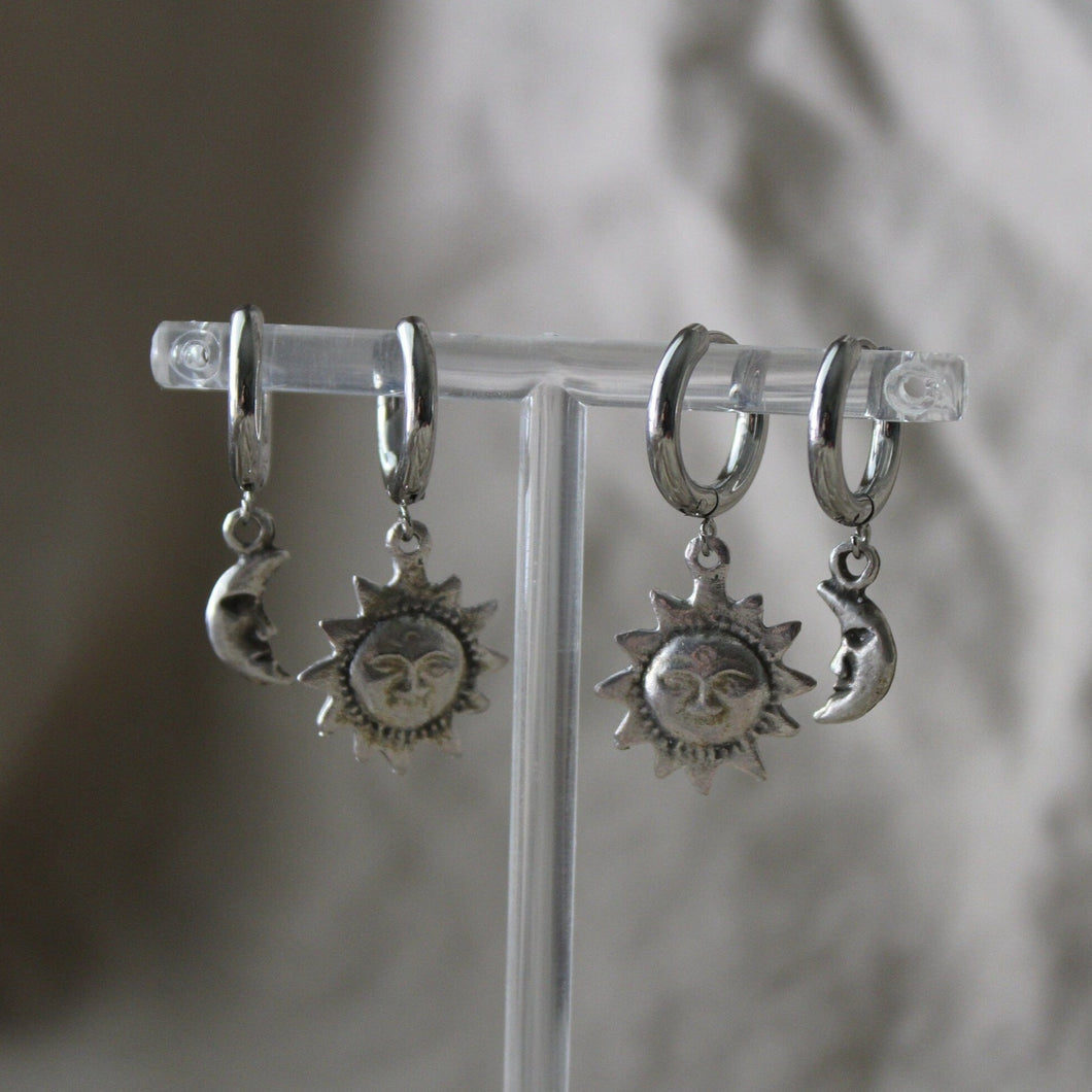 Mini Silver Sun and Moon Earrings